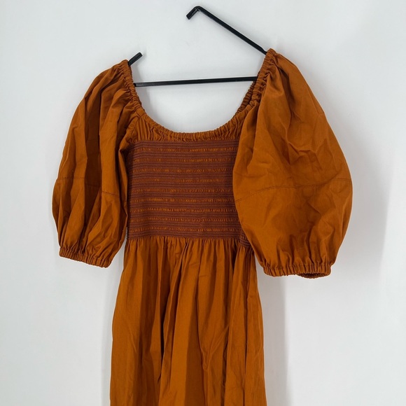 La Ligne Daisy Puff Sleeve Smocked Bodice Poplin Midi Dress In Burnt Orange - Picture 3 of 6